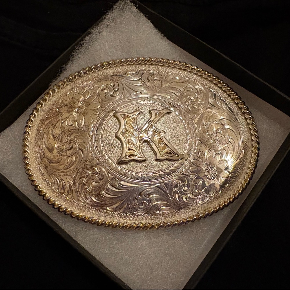 Montana Silversmiths Silver Plate Cowgirl Belt Buckle with initial “K”
